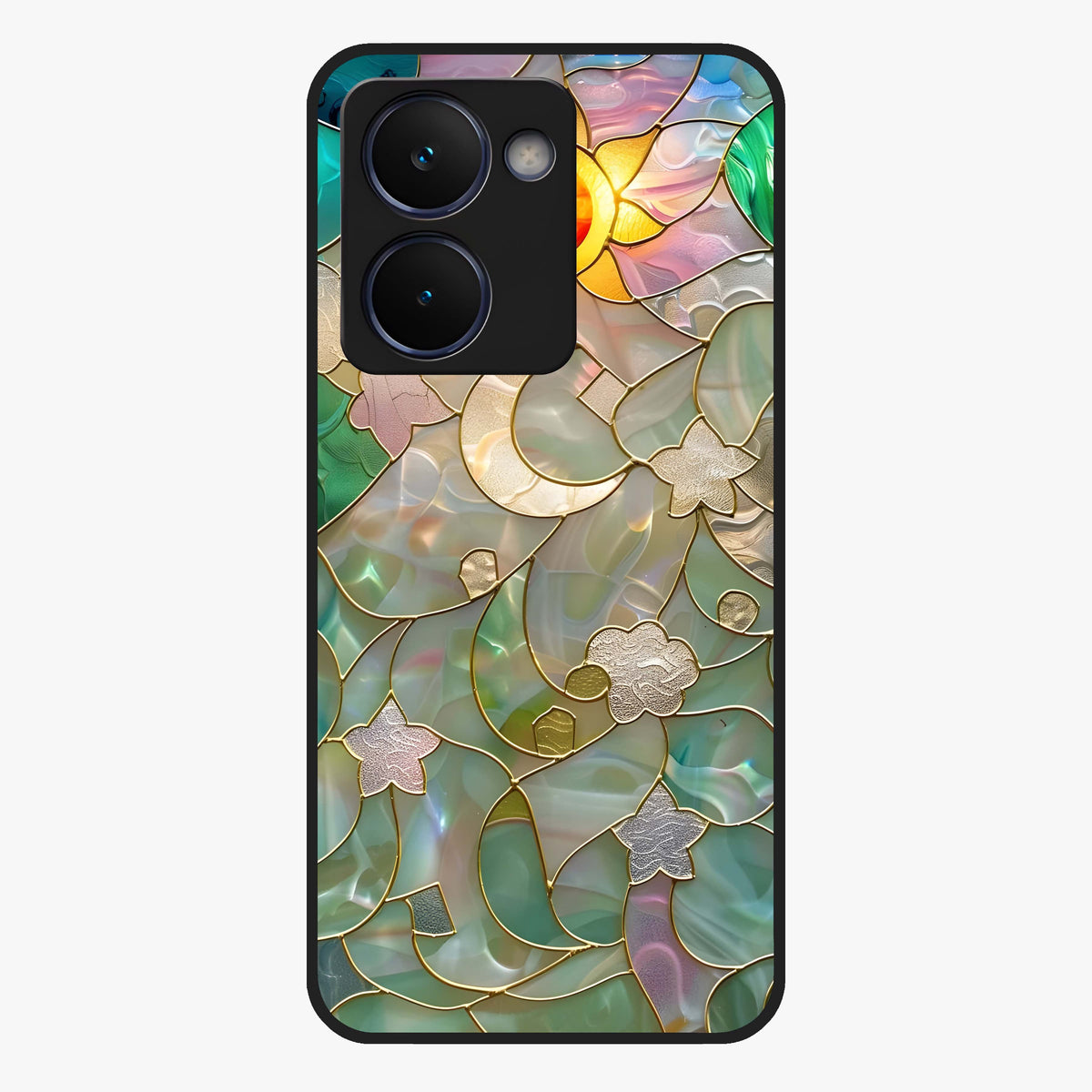 Stained Sunrise Glow Glass Case showing flat back view with glowing sunrise stained pattern artwork and glossy glass finish.