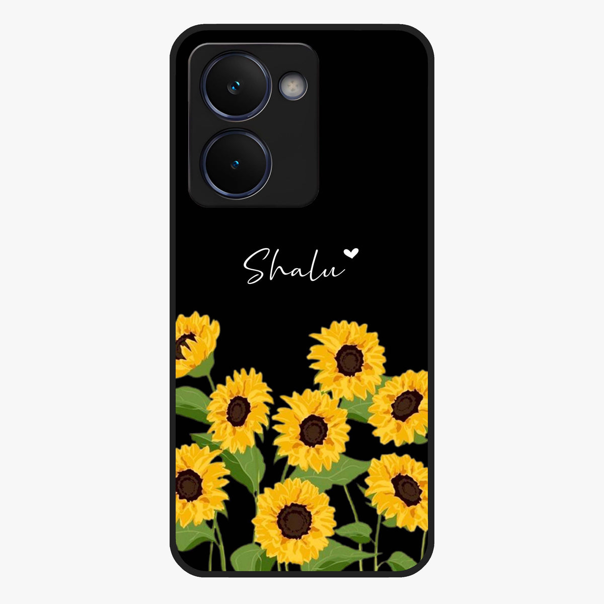 Sunflower Chic Mood Custom Name Glass Case showing flat back view with stylish sunflower artwork and personalized name design.