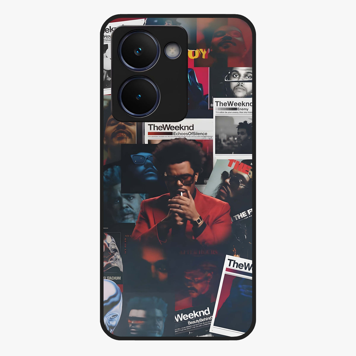 The Weeknd Glass Case showing flat back view with music inspired artistic portrait artwork and glossy glass finish.