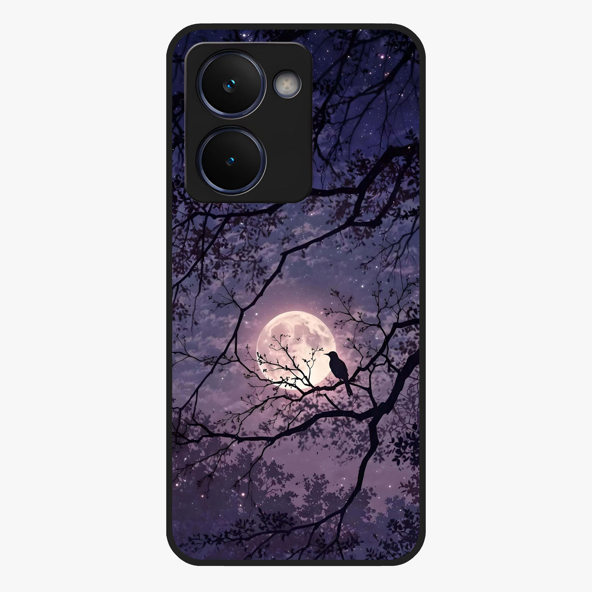 Whispering Moon Silence Glass Case showing flat back view with serene moon themed artwork and glossy glass finish.