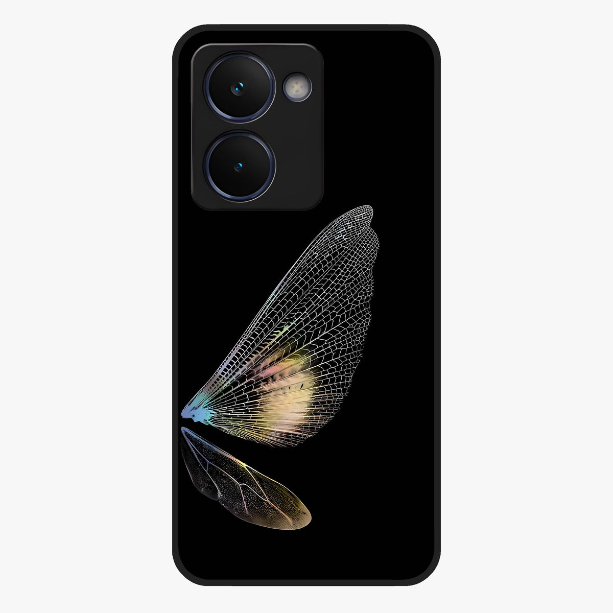 Whispers Of Wings Glass Case showing flat back view with graceful wing inspired artwork and glossy glass finish.