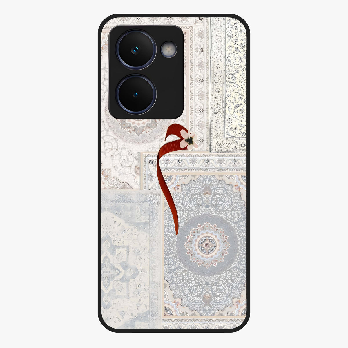 White Aesthetic Bow Glass Case showing flat back view with minimal bow artwork and glossy glass finish.