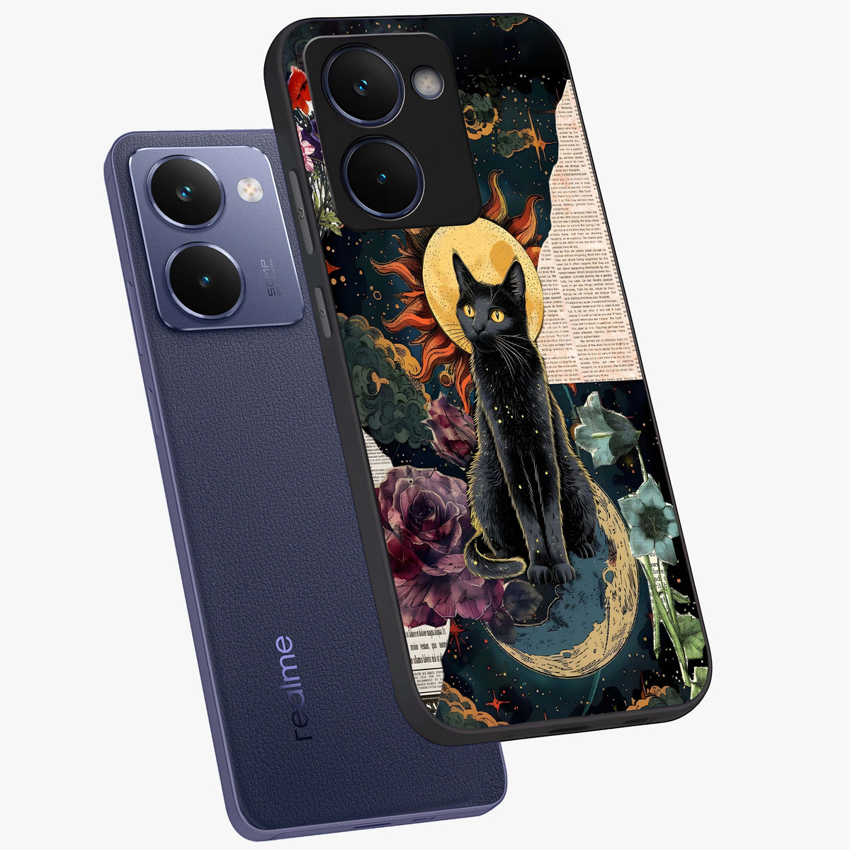 Celestial Black Cat Glass Case displayed in angled mockup highlighting cosmic black cat design with celestial aesthetic.