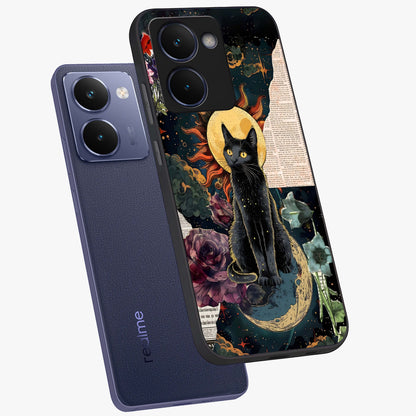 Celestial Black Cat Glass Case displayed in angled mockup highlighting cosmic black cat design with celestial aesthetic.