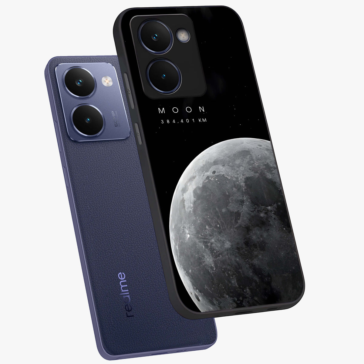 Cosmic Moon Glow Glass Case displayed in angled mockup highlighting celestial moon design with cosmic aesthetic theme.