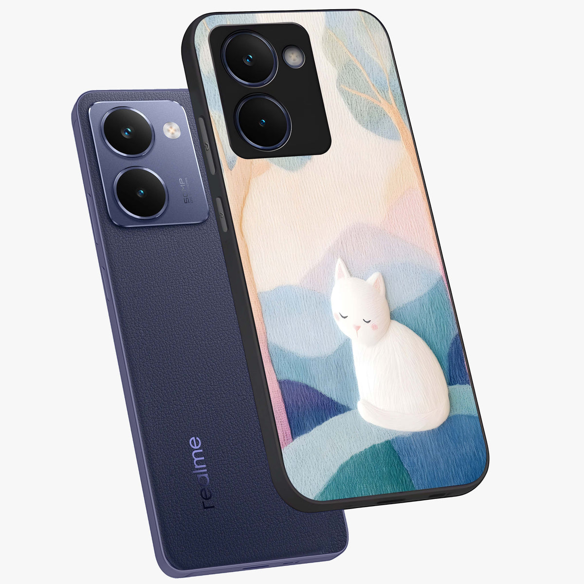 Cotton Dream Cat Glass Case displayed in angled mockup highlighting cute feline illustration with pastel aesthetic style.