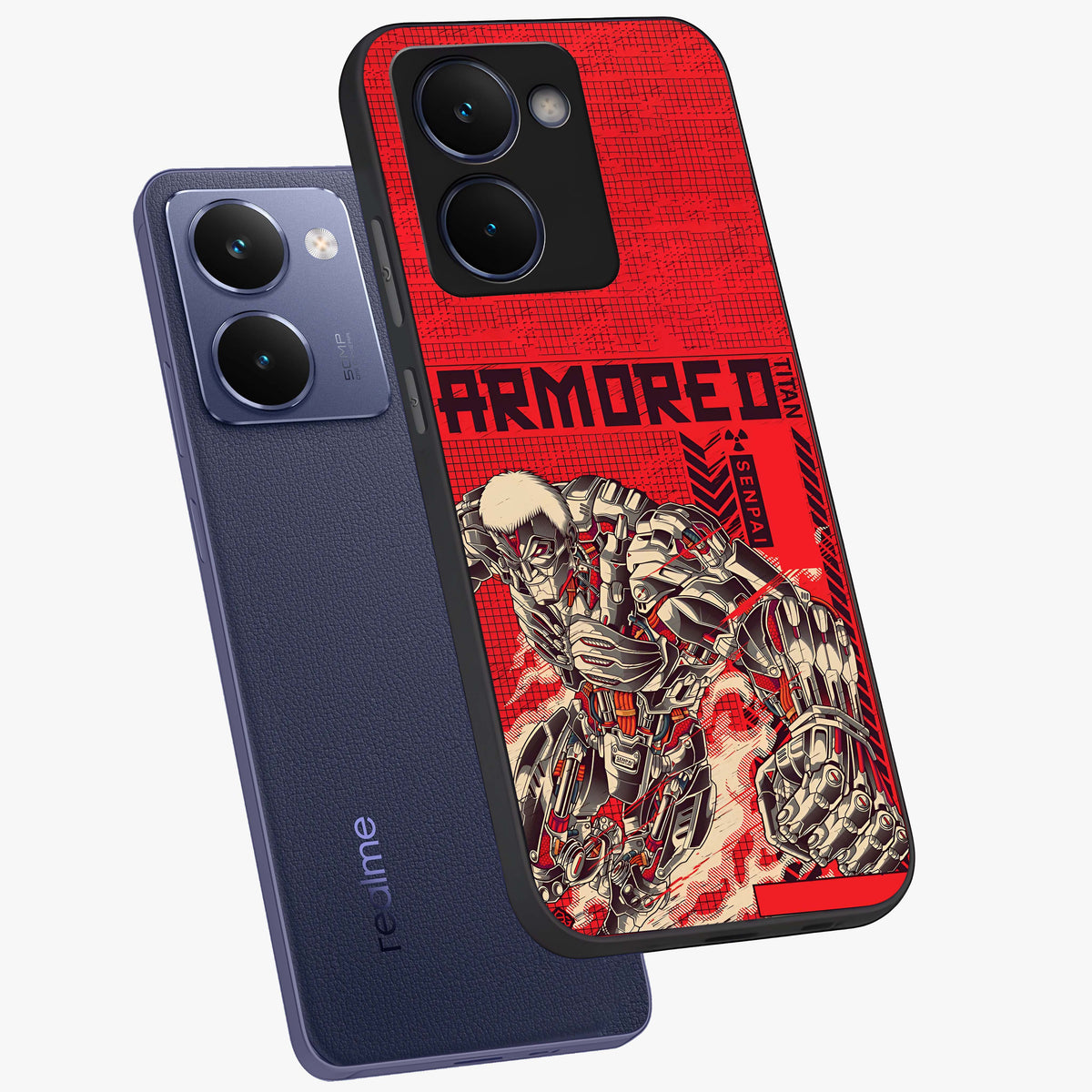 Crimson Mecha Titan Glass Case displayed in angled mockup highlighting futuristic mech illustration with bold crimson aesthetic.