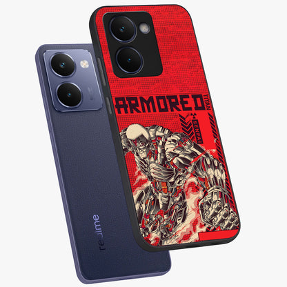Crimson Mecha Titan Glass Case displayed in angled mockup highlighting futuristic mech illustration with bold crimson aesthetic.