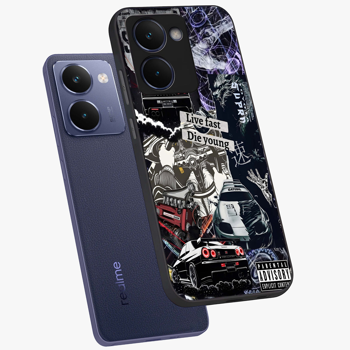 Die Young Glass Case displayed in angled mockup highlighting expressive graphic artwork with edgy aesthetic style.