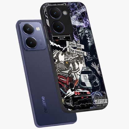 Die Young Glass Case displayed in angled mockup highlighting expressive graphic artwork with edgy aesthetic style.