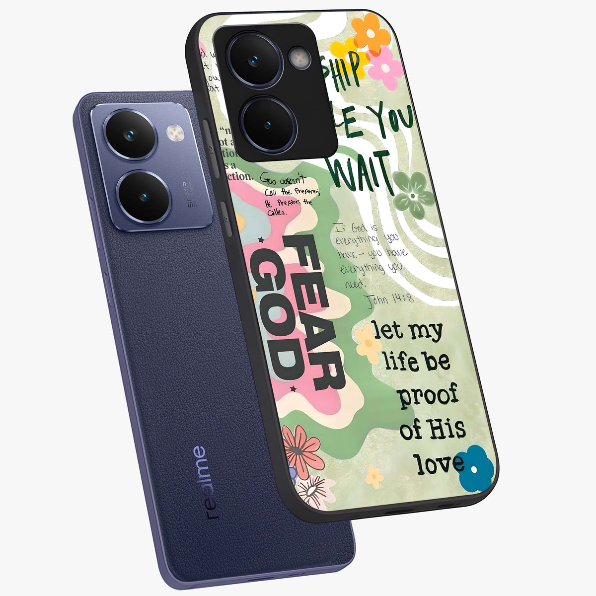 Faith Over Fear Glass Case displayed in angled mockup highlighting inspirational message design with modern aesthetic style.