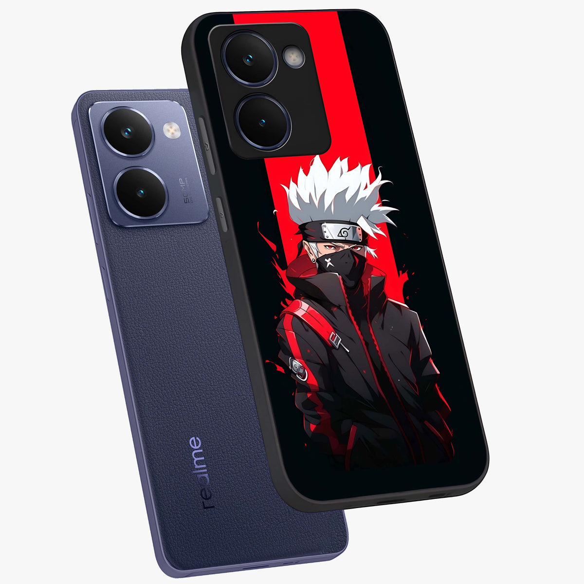 Kakashi Scarlet Shadow Glass Case displayed in angled mockup highlighting dramatic ninja illustration with scarlet themed aesthetic.