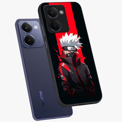 Kakashi Scarlet Shadow Glass Case displayed in angled mockup highlighting dramatic ninja illustration with scarlet themed aesthetic.