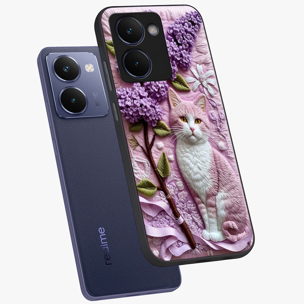 Lavender Cat Whimsy Glass Case displayed in angled mockup highlighting playful feline illustration with pastel lavender aesthetic.