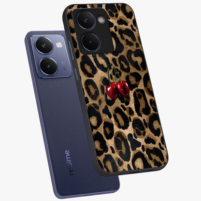 Leopard Wild Cherry Glass Case displayed in angled mockup highlighting bold animal print design with playful cherry aesthetic.