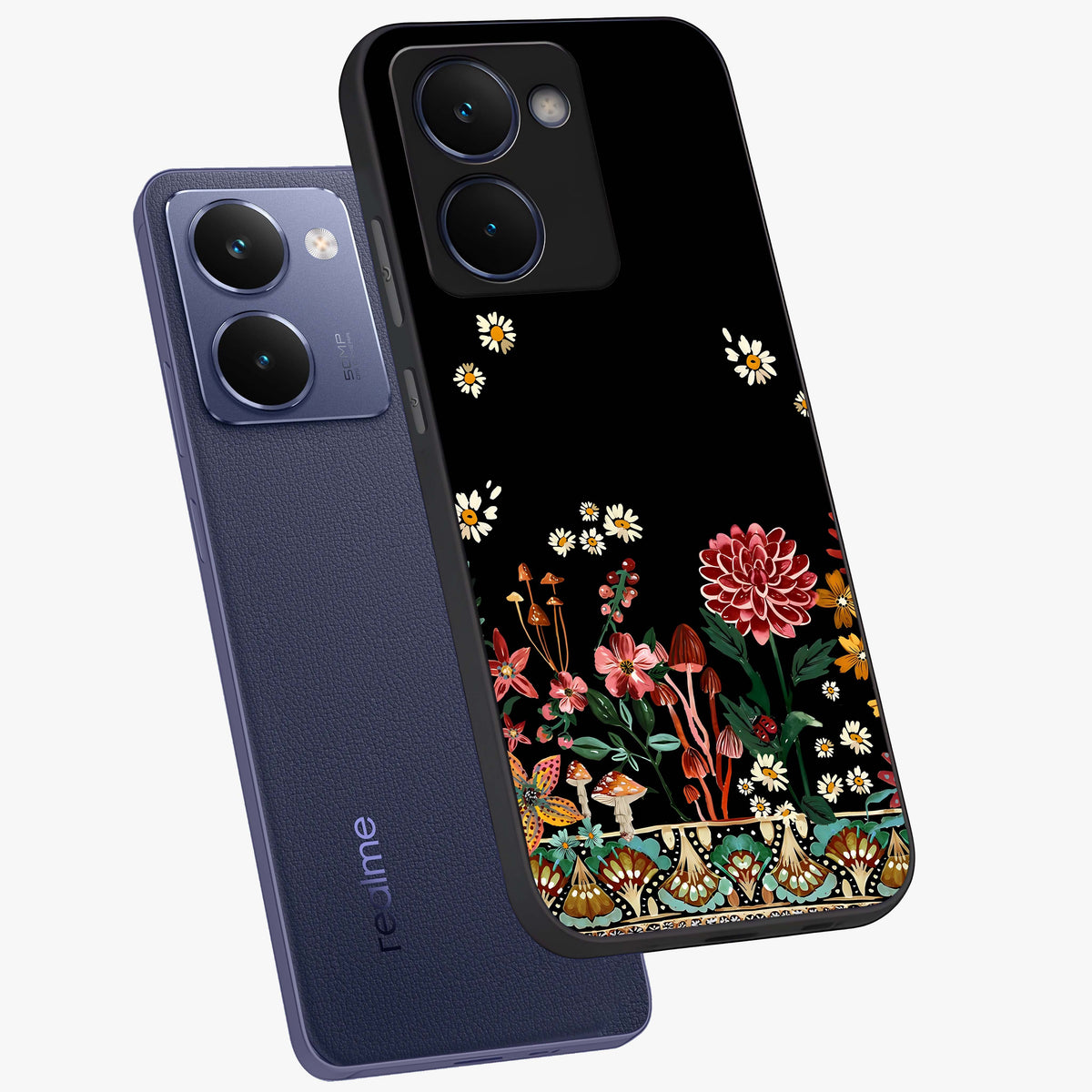 Midnight Bloom Pattern Glass Case displayed in angled mockup highlighting elegant flower design with midnight aesthetic style.