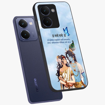 Radha Krishna Eternal Glass Case displayed in angled mockup highlighting divine Radha Krishna illustration with spiritual aesthetic.