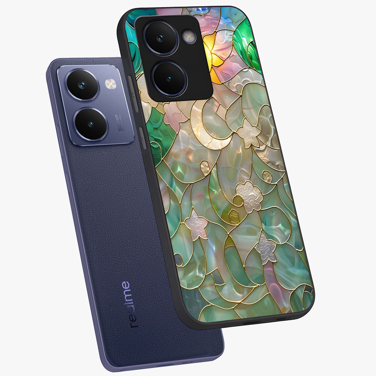 Stained Sunrise Glow Glass Case displayed in angled mockup highlighting radiant sunrise design with artistic aesthetic style.