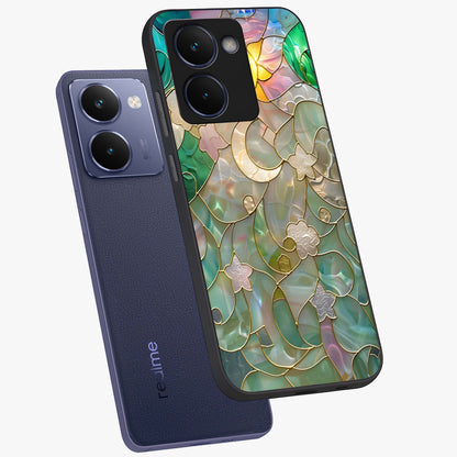 Stained Sunrise Glow Glass Case displayed in angled mockup highlighting radiant sunrise design with artistic aesthetic style.