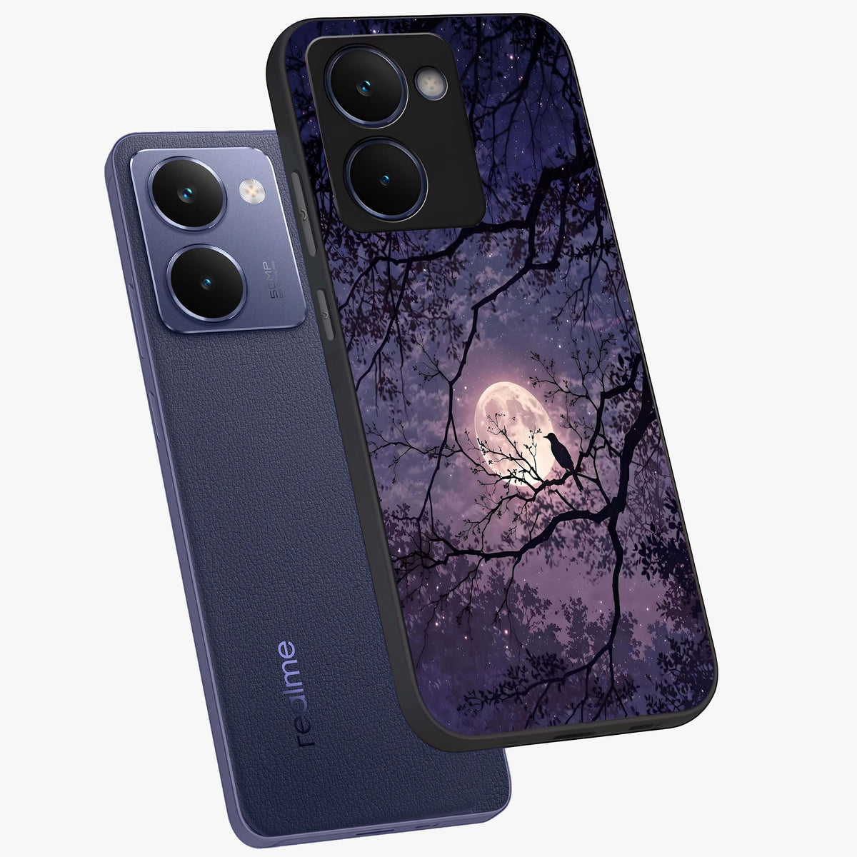 Whispering Moon Silence Glass Case displayed in angled mockup highlighting calm lunar design with dreamy night aesthetic.