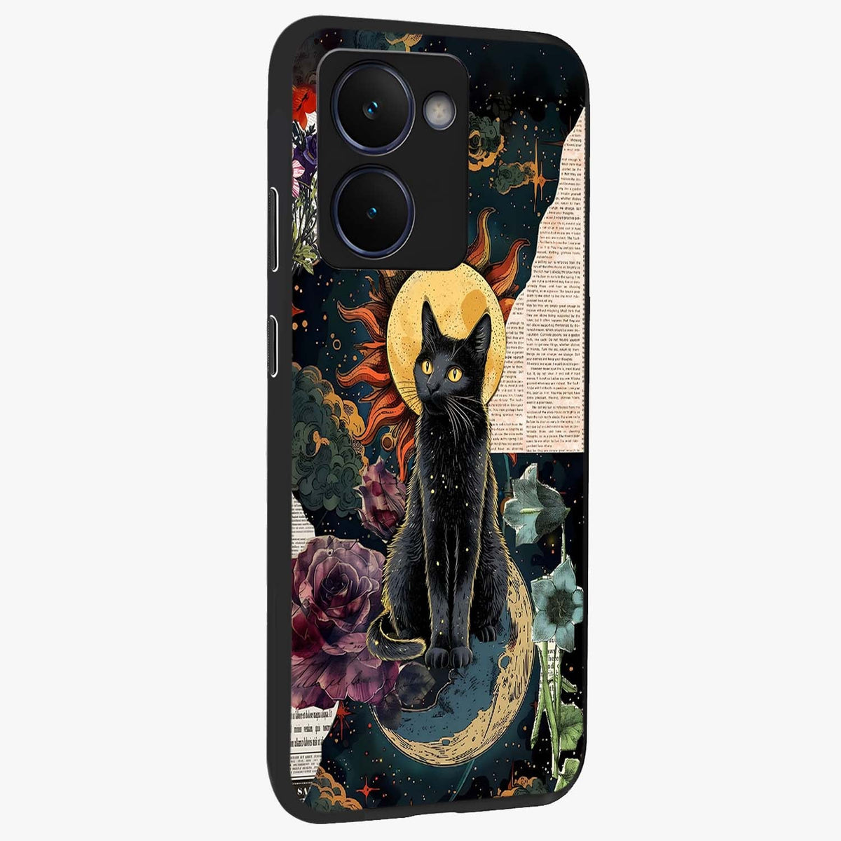 Celestial Black Cat Glass Case upright view showcasing magical black cat illustration with starry cosmic theme.
