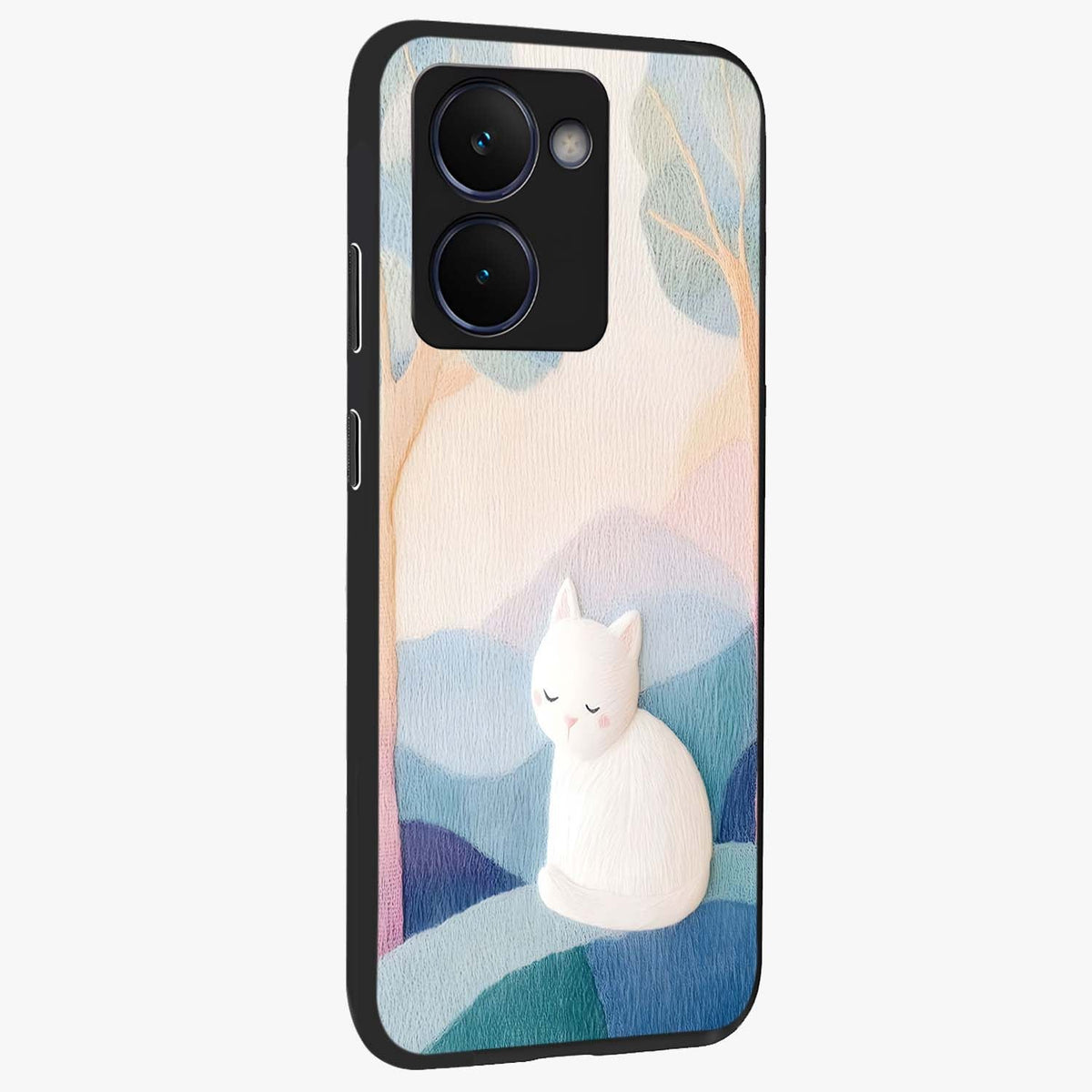 Cotton Dream Cat Glass Case upright view showcasing charming cat artwork with cozy dreamy theme.
