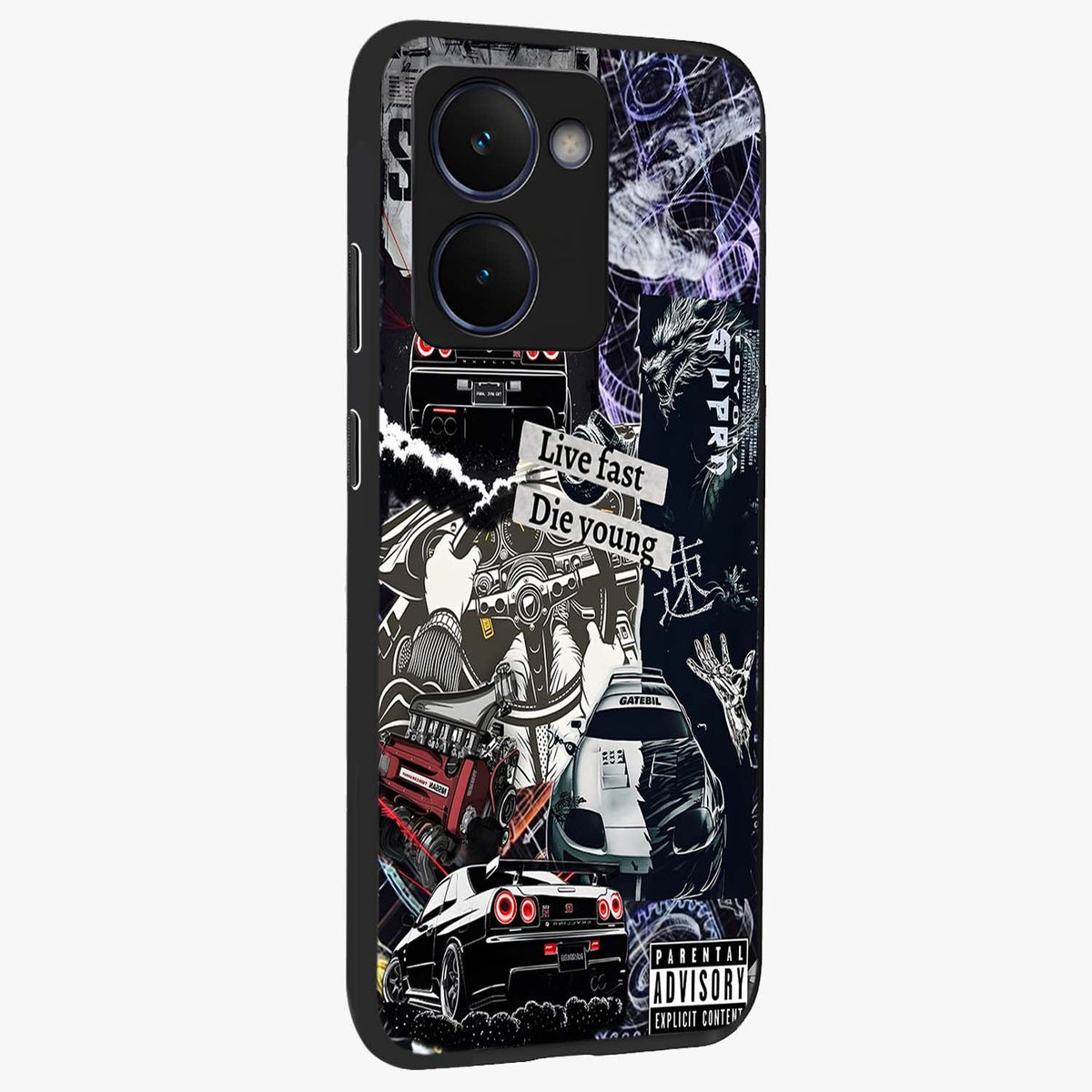 Die Young Glass Case upright view showcasing striking typography artwork with modern statement theme.