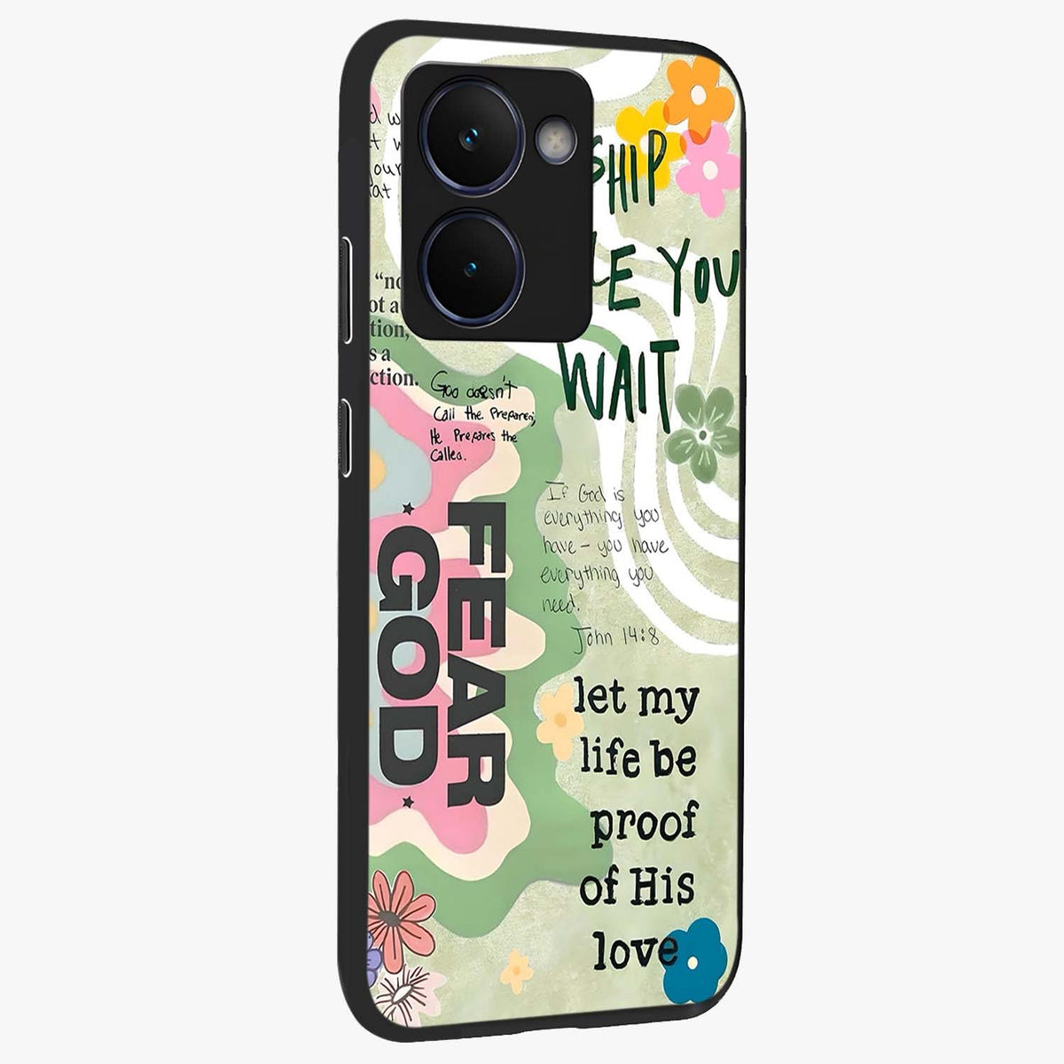 Faith Over Fear Glass Case upright view showcasing bold typography artwork with uplifting motivational theme.