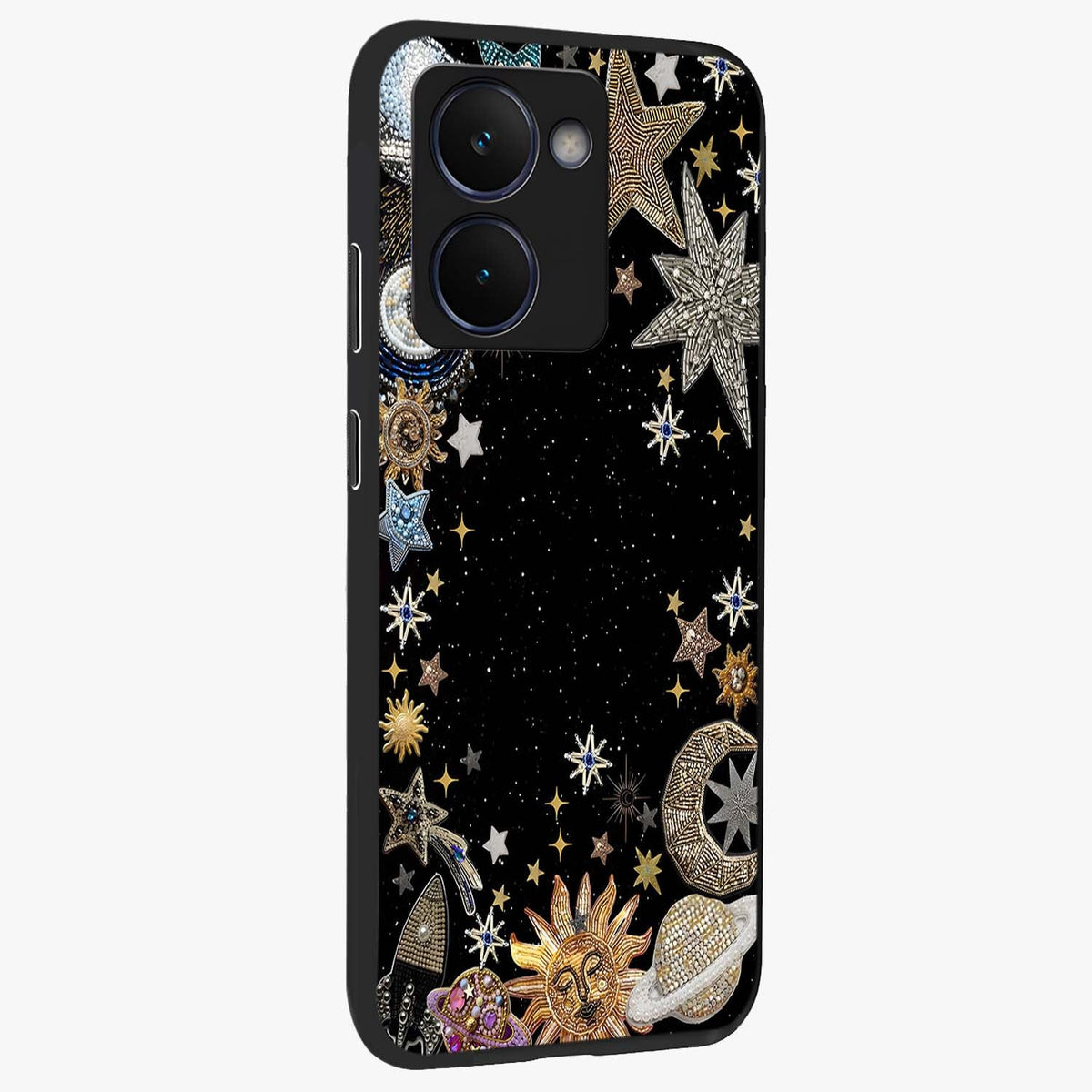 Galactic Jewel Stars Glass Case upright view showcasing glittering star jewel artwork with vibrant galaxy theme.