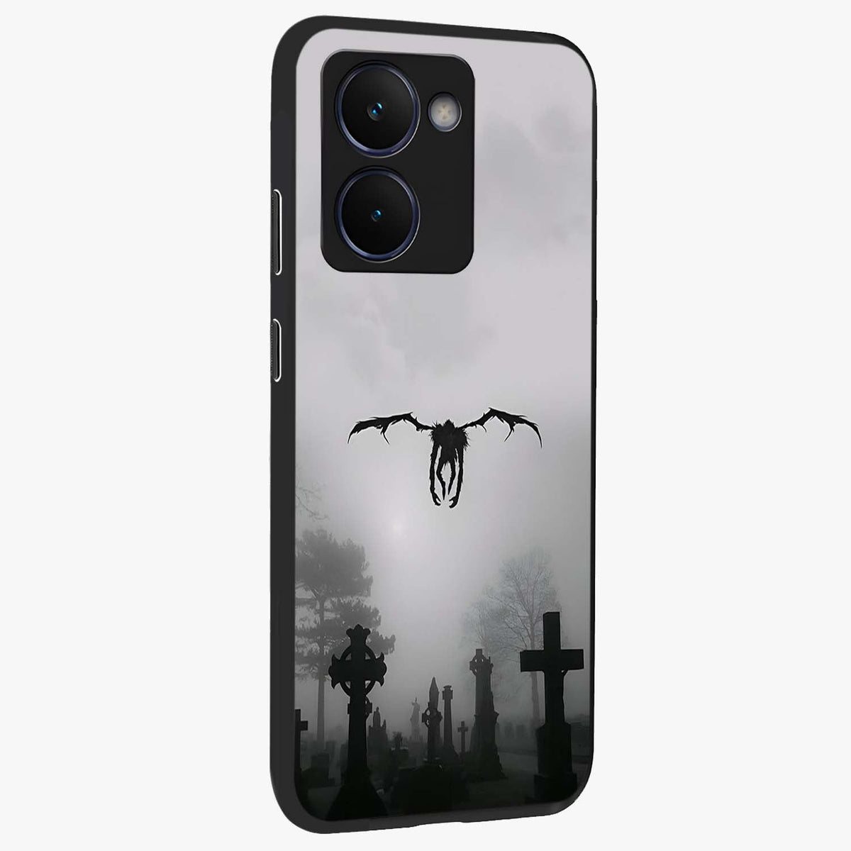 Graveyard Shadow Descent Glass Case upright view showcasing haunting graveyard artwork with dramatic dark theme.