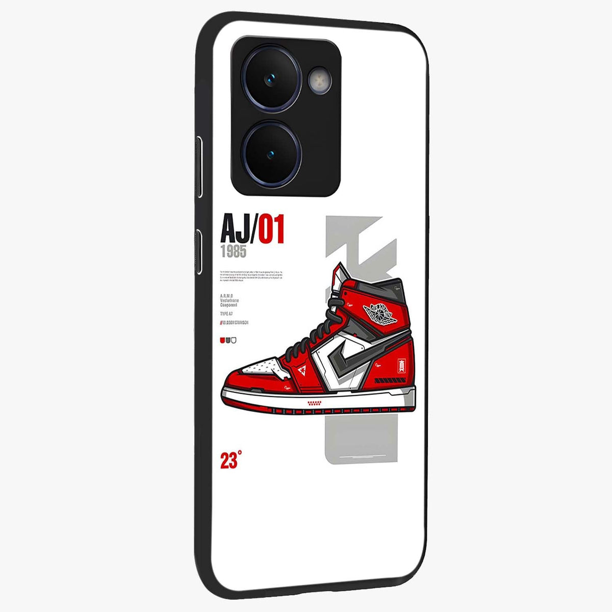Retro Sneaker Blueprint Glass Case upright view showcasing stylish sneaker illustration with vintage streetwear theme.