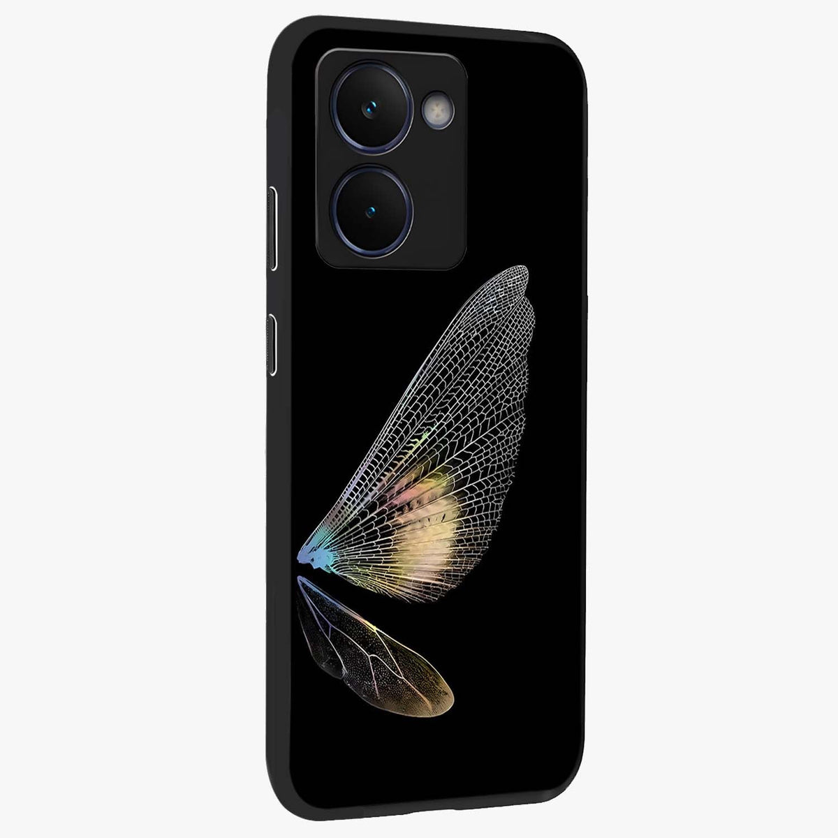 Whispers Of Wings Glass Case upright view showcasing elegant wing artwork with light airy theme.