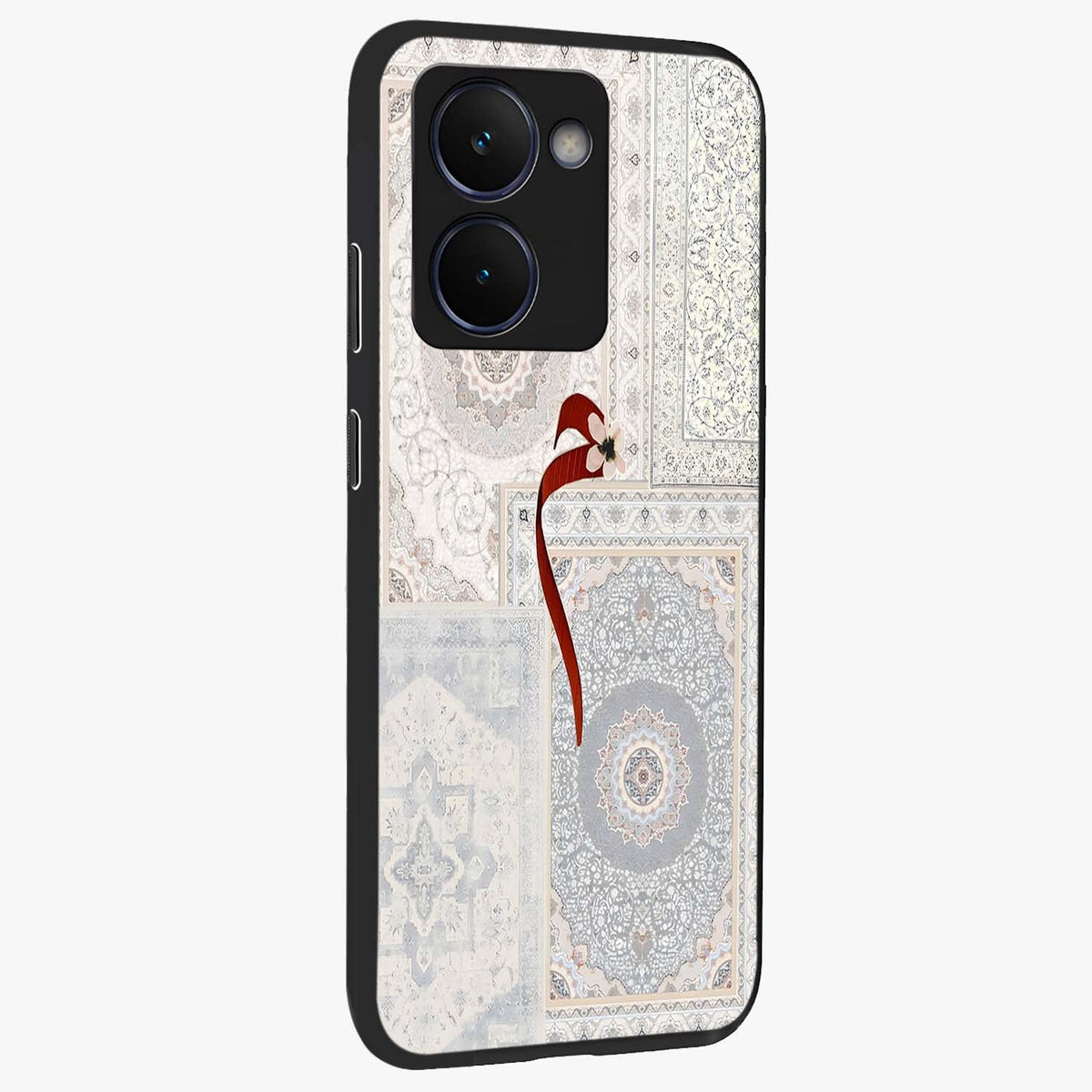 White Aesthetic Bow Glass Case upright view showcasing delicate ribbon bow artwork with cute minimalist theme.