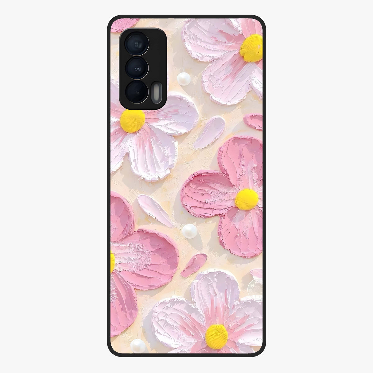 Blush Bloom Texture Glass Case showing flat back view with soft blush floral texture artwork and glossy glass finish.
