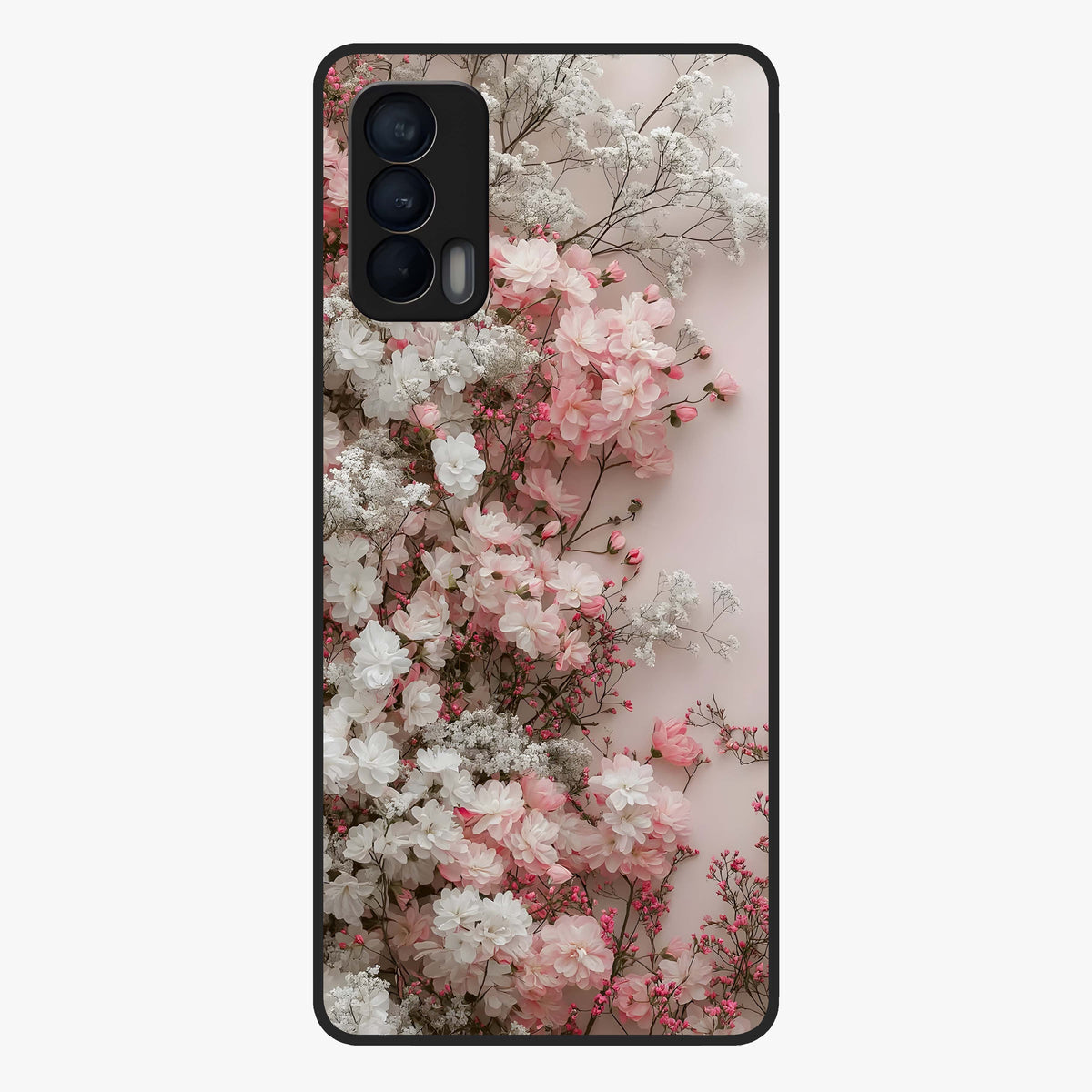 Blush Blossom Cloud Glass Case showing flat back view with dreamy blush cloud blossom artwork and glossy glass finish.