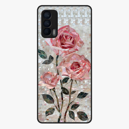 Blush Mosaic Bloom Glass Case showing flat back view with mosaic floral bloom artwork and glossy glass finish.