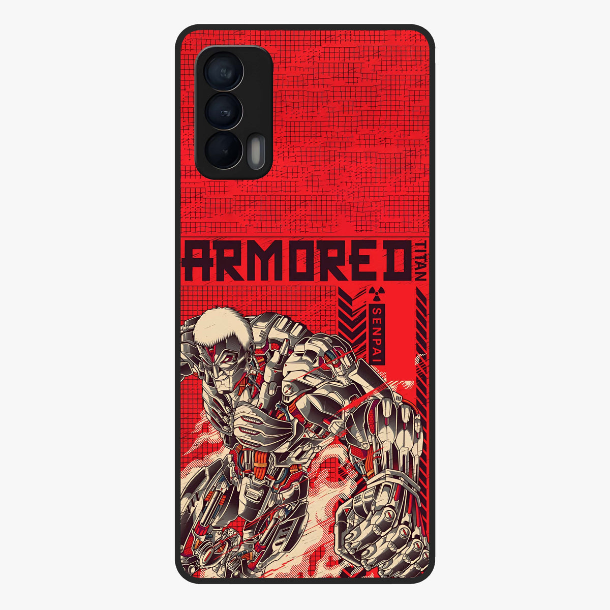 Crimson Mecha Titan Glass Case showing flat back view with powerful mech titan artwork and glossy glass finish.