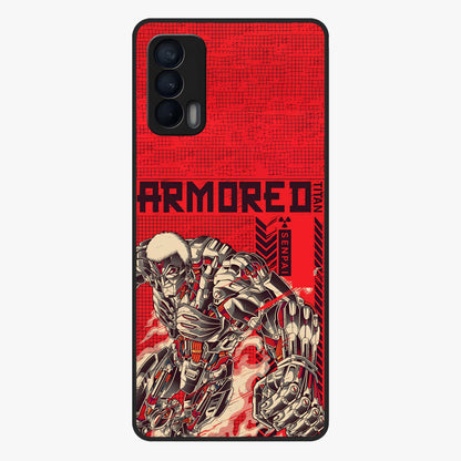 Crimson Mecha Titan Glass Case showing flat back view with powerful mech titan artwork and glossy glass finish.