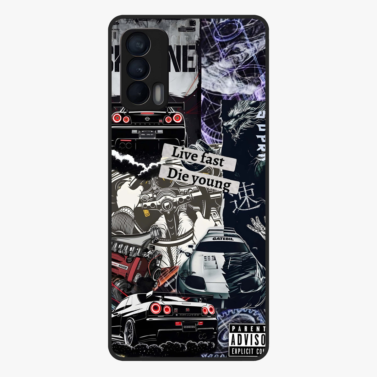 Die Young Glass Case showing flat back view with bold artistic typography design and glossy glass finish.