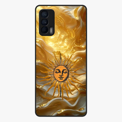 Eternal Golden Glow Glass Case showing flat back view with radiant golden themed artwork and glossy glass finish.