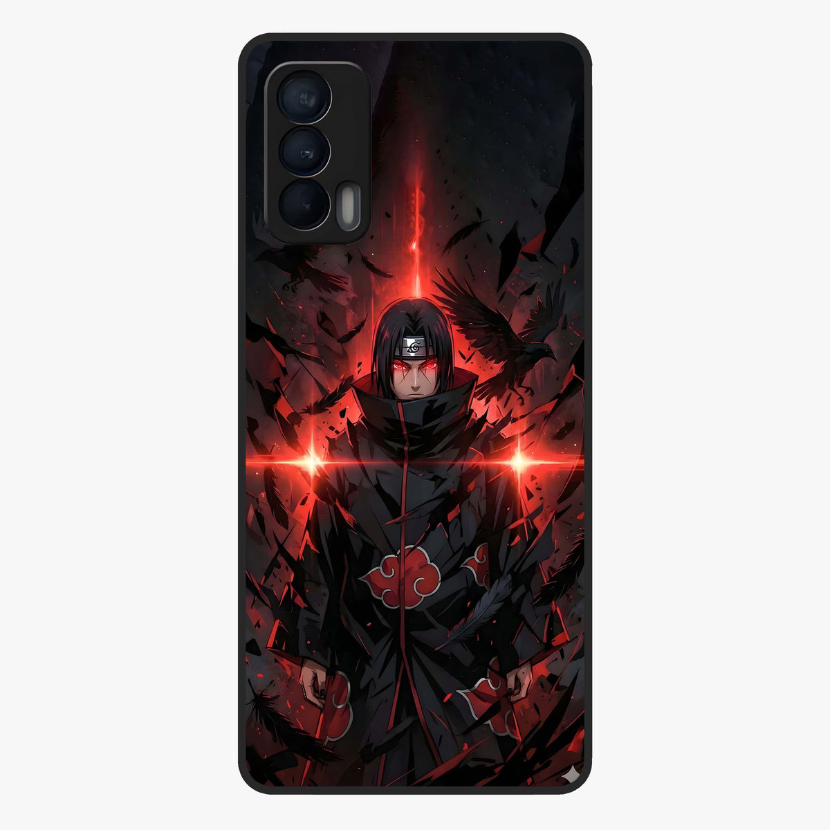 Focused Blade Discipline Glass Case showing flat back view with warrior sword themed artwork and glossy glass finish.