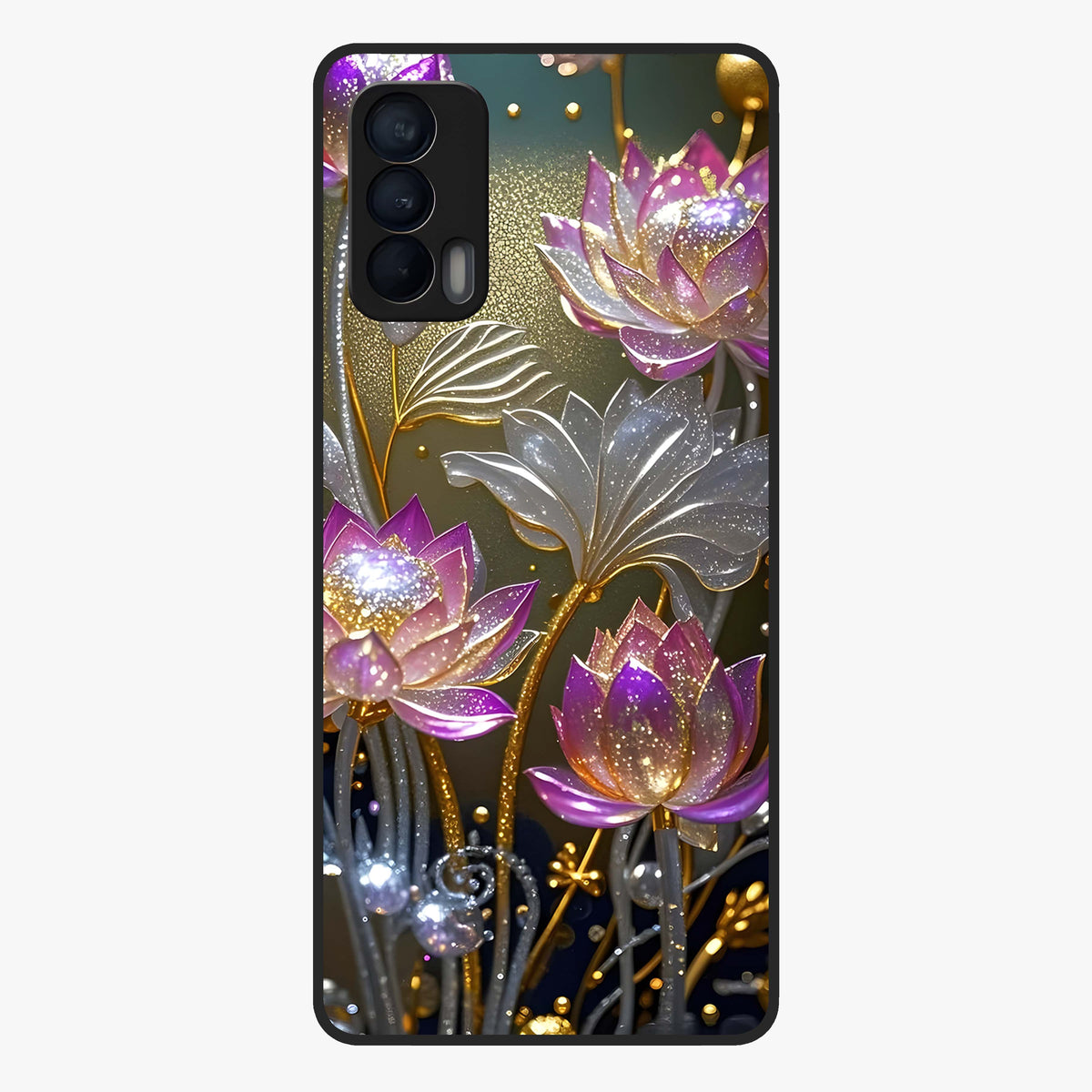 Golden Lotus Glow Glass Case showing flat back view with glowing lotus flower artwork and glossy glass finish.