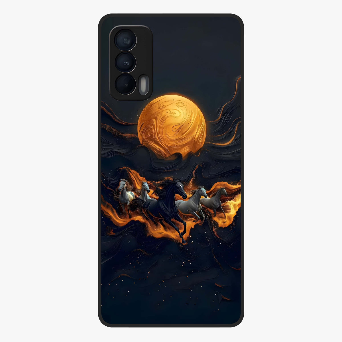 Golden Stallion Moonride Glass Case showing flat back view with majestic horse under moonlight artwork and glossy glass finish.