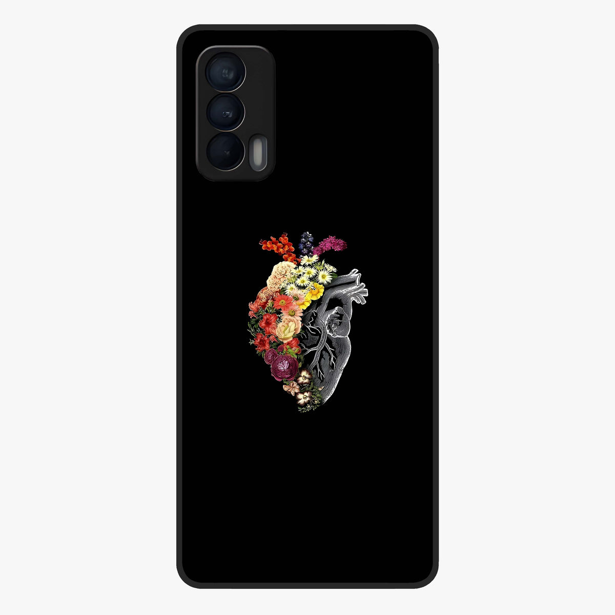 Heart With Flowers Glass Case showing flat back view with heart shaped floral artwork and glossy glass finish.