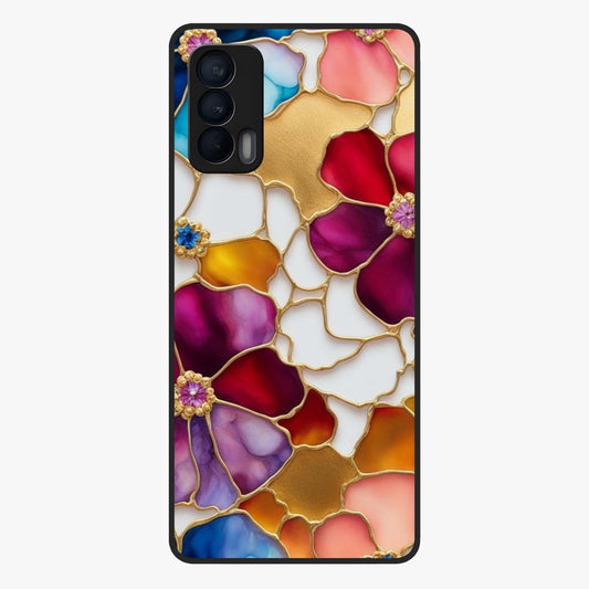 Marble Flower Pattern Glass Case showing flat back view with marble texture floral artwork and glossy glass finish.