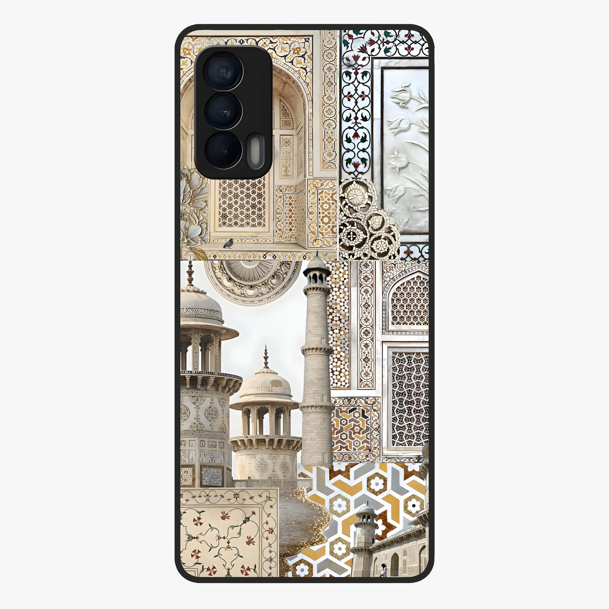 Mughal Marble Legacy Glass Case showing flat back view with intricate Mughal inspired marble pattern and glossy glass finish.