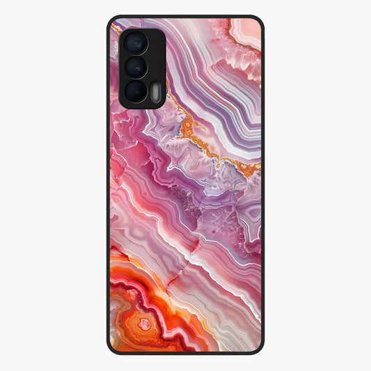Rose Quartz Marble Glass Case showing flat back view with pink marble quartz texture artwork and glossy glass finish.