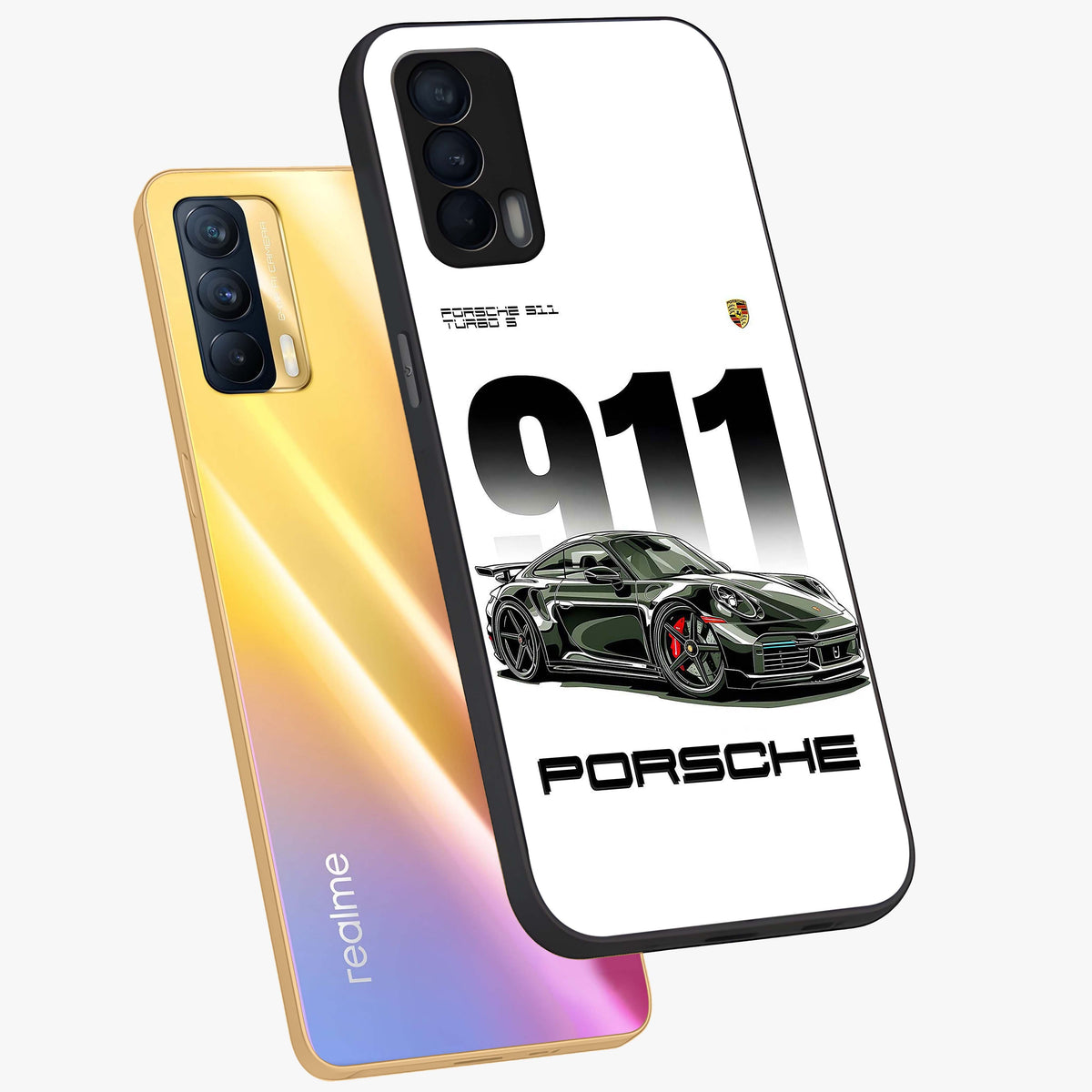911 Turbo Dominance Glass Case displayed in premium angled mockup highlighting sporty car illustration and sleek glass surface.