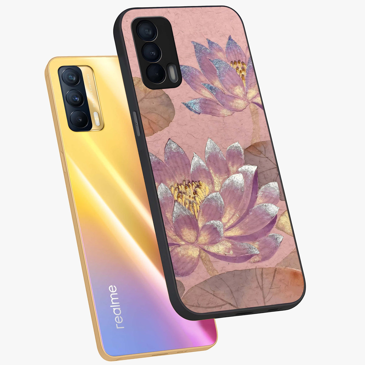 Blossom Mist Lotus Glass Case displayed in angled mockup highlighting delicate lotus illustration with calm aesthetic theme.