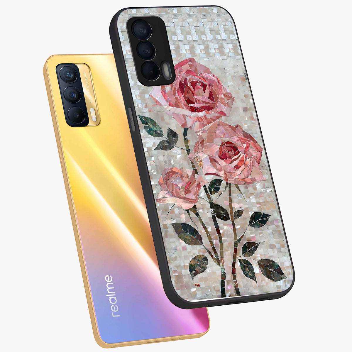 Blush Mosaic Bloom Glass Case displayed in angled mockup highlighting artistic mosaic flower pattern with aesthetic design.